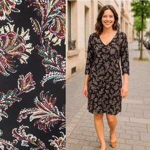 💐 NEW J Jill Dress M Rayon Spandex Stretch Knit Black Purple White Floral NWT